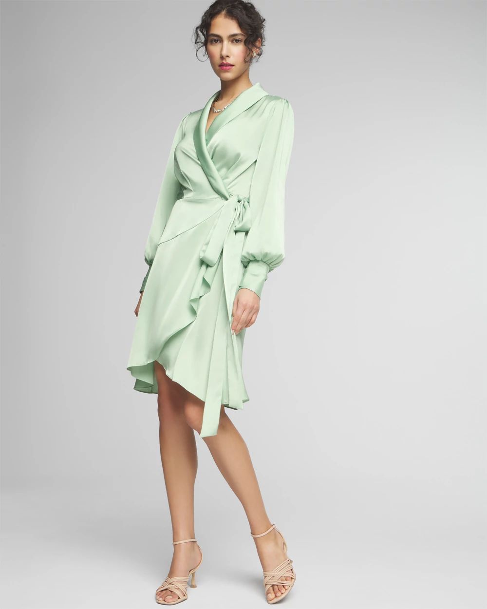 Long sleeve satin wrap dress hot sale